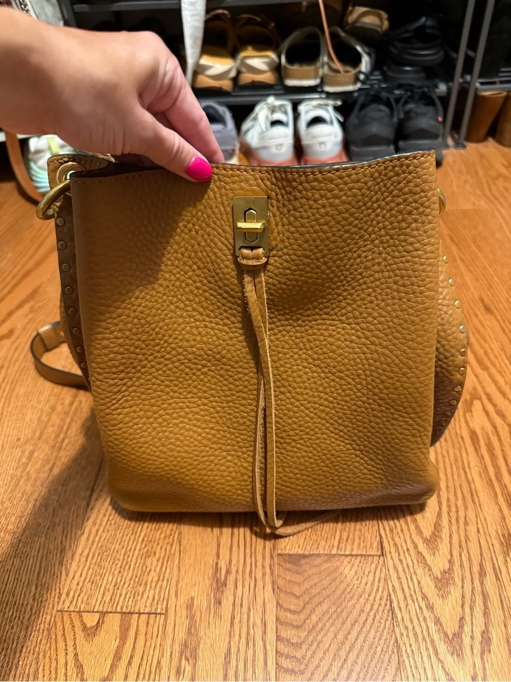 Brown Leather Crossbody Bucket Bag with Turn-Lock